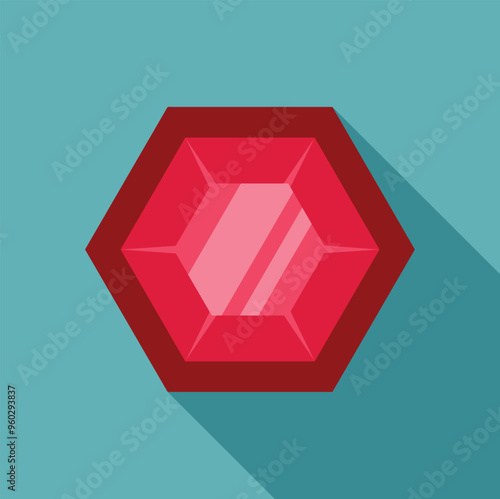 Red hexagon gemstone shining with light reflections on a blue background