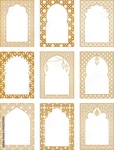 Moroccan Arabic frames. Png transparent bundle. Templates for design, invitation, event, wedding. Arabian golden pattern 