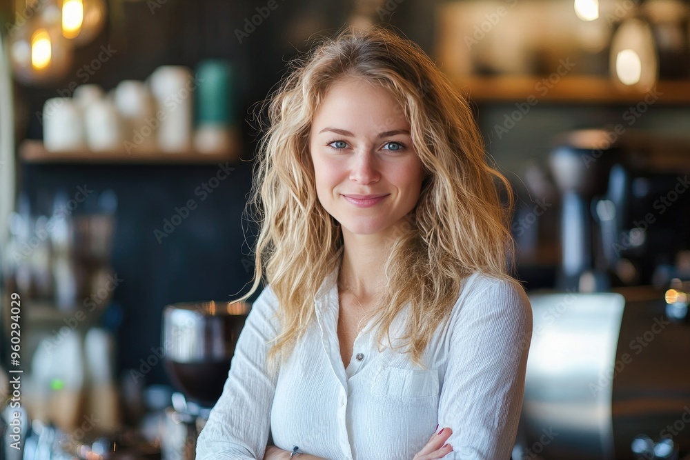 Smiling woman standing in a cafe. This photo can be used for marketing campaigns for cafes, restaurants, or businesses that offer customer service. Smiling woman standing in a cafe. This photo can be used for marketing campaigns for cafes, restaurants, or businesses that offer customer service.