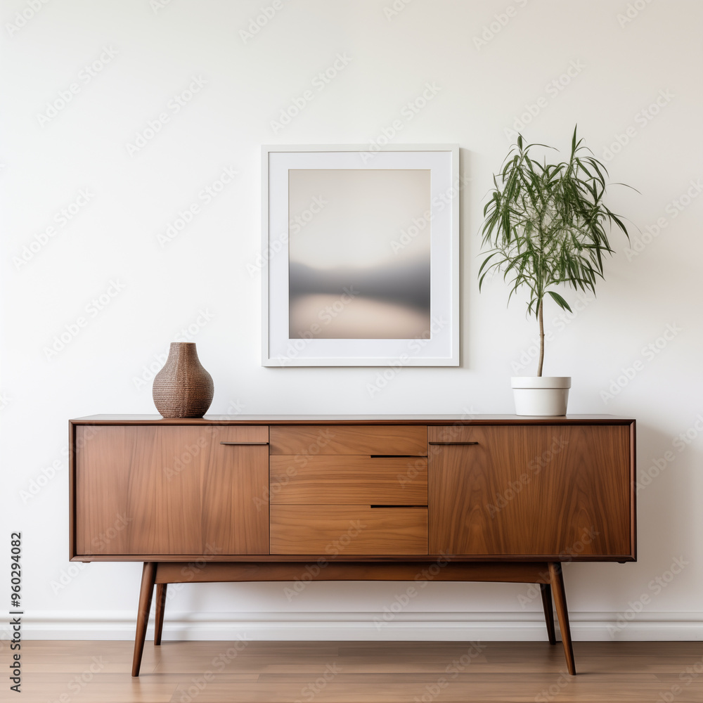 MidCentury Modern Sideboard with Plant and Artwork MidCentury Modern Sideboard with Plant and Artwork