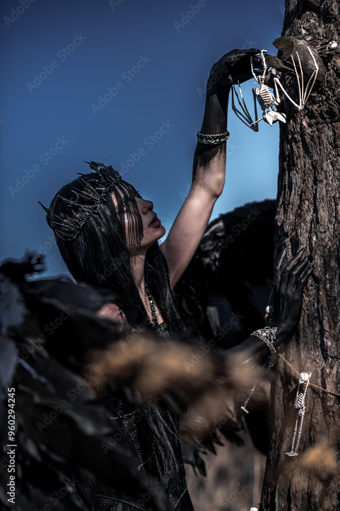 Naklejka premium Goddess of death with black wings on a dried field