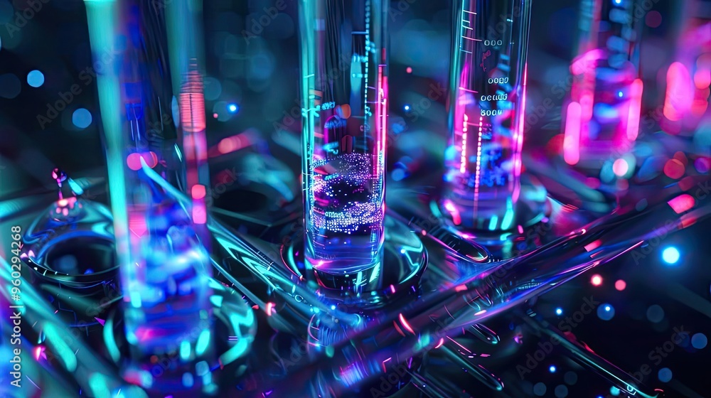 Colorful test tubes with glowing liquids create a vibrant, futuristic laboratory atmosphere filled with scientific magic. Colorful test tubes with glowing liquids create a vibrant, futuristic laboratory atmosphere filled with scientific magic.