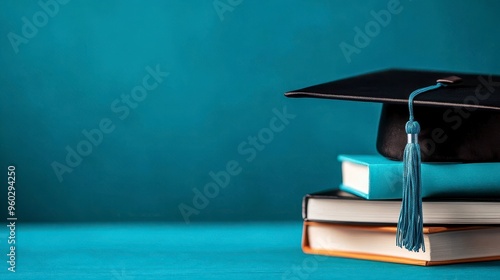 A close-up of a graduation cap resting on a stack of books, symbolizing academic achievement and educational success. photo