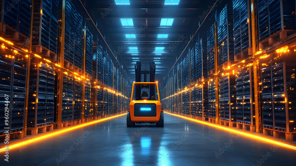 Forklift operating in a modern warehouse with illuminated shelves. Forklift operating in a modern warehouse with illuminated shelves.