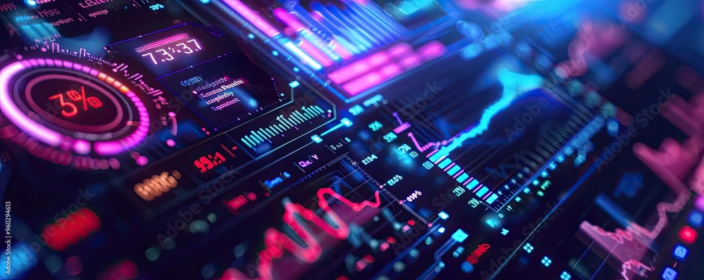 Fototapeta premium Futuristic digital interface displaying vibrant graphs and statistics. Ideal for technology, finance, and data analysis themes.