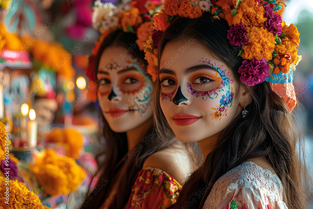 custom made wallpaper toronto digitalTwo women don elaborate face paint and floral headdresses, capturing the spirit of Día de los Muertos at a lively altar filled with marigolds and candles, celebrating life and heritage