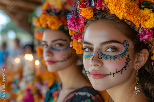 Two young women adorned with elaborate flower crowns and traditional face paint celebrate Día de los Muertos at a festive altar, embracing cultural traditions and honoring loved ones