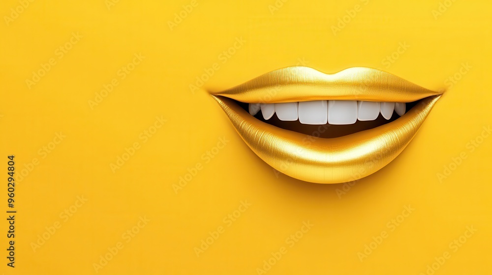 A close-up of vibrant golden lips smiling against a bright yellow background, symbolizing cheerfulness and playfulness. A close-up of vibrant golden lips smiling against a bright yellow background, symbolizing cheerfulness and playfulness.