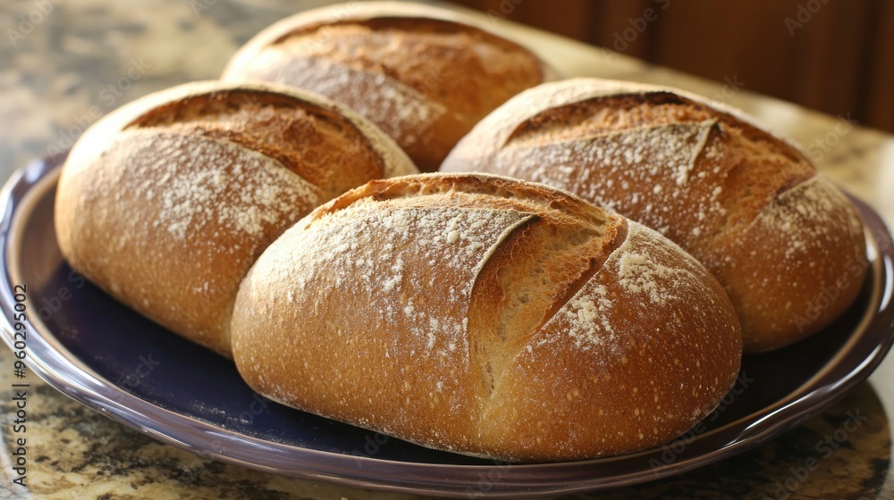 Four Freshly Baked Loaves of Crusty Bread on a Blue Plate Four Freshly Baked Loaves of Crusty Bread on a Blue Plate
