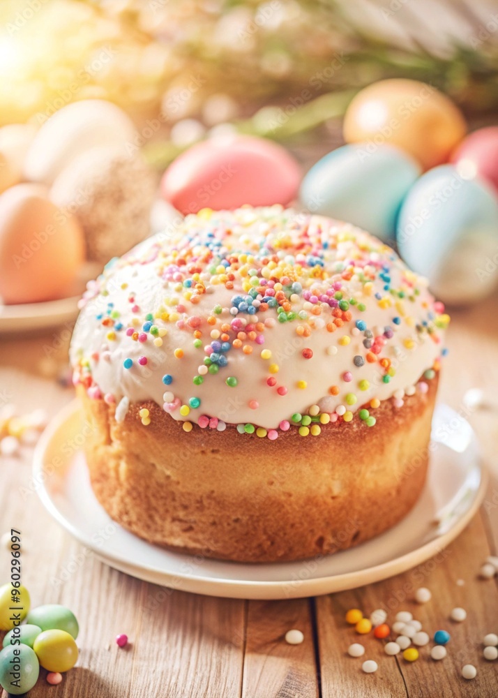 Traditional Easter cake with icing and colorful sprinkles for holiday celebration Traditional Easter cake with icing and colorful sprinkles for holiday celebration