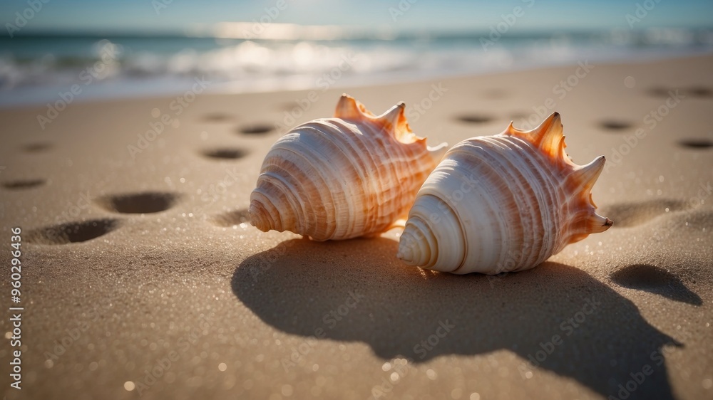Two conch shells atop sandy beach featuring gentle waves. Two conch shells atop sandy beach featuring gentle waves.