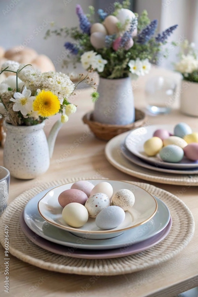 Elegant Easter brunch table setting with pastel-colored eggs and spring flowers Elegant Easter brunch table setting with pastel-colored eggs and spring flowers