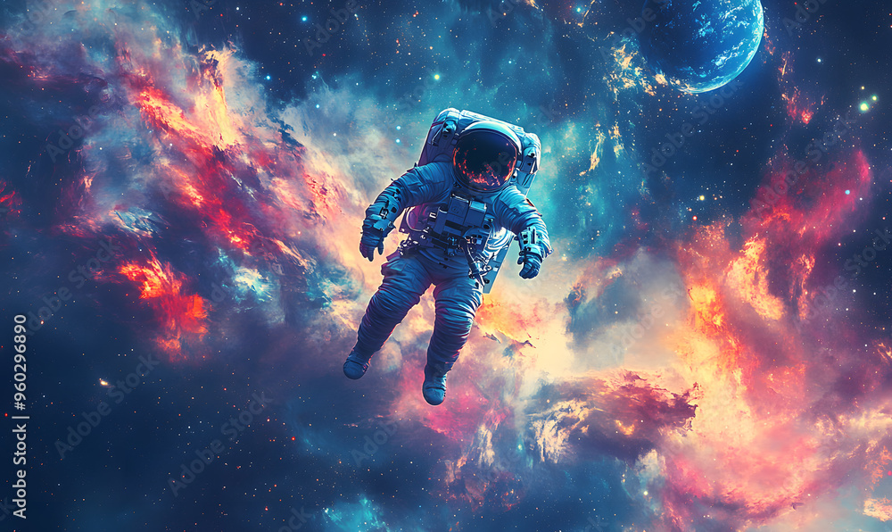 Fototapeta premium graphics of space, planets, and astronauts on a white background.