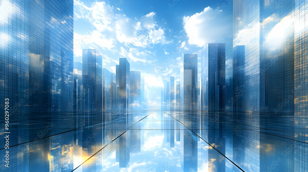 Futuristic cityscape with reflective surfaces and bright skies. Futuristic cityscape with reflective surfaces and bright skies.