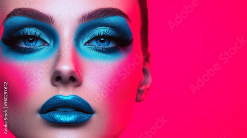 Bold beauty portrait showcasing vibrant makeup with striking colors against a vivid pink background for a fashion-forward look.