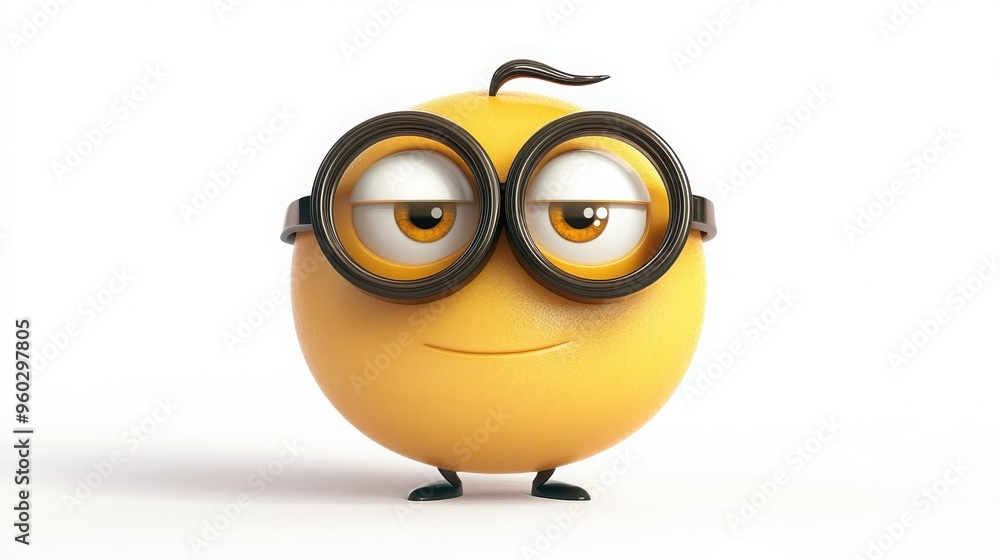 Fototapeta premium A 3D cartoon emoji with a monocle and raised eyebrow, giving a sophisticated and slightly skeptical look, on a white background --ar 16:9 --v 6.1 Job ID: c0b4c454-198d-4f79-88c3-49811ee2a0c5