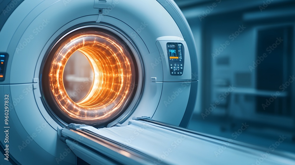 Close-up view of a modern MRI scanner with glowing details. Advanced technology for medical imaging in a clinical environment. Close-up view of a modern MRI scanner with glowing details. Advanced technology for medical imaging in a clinical environment.