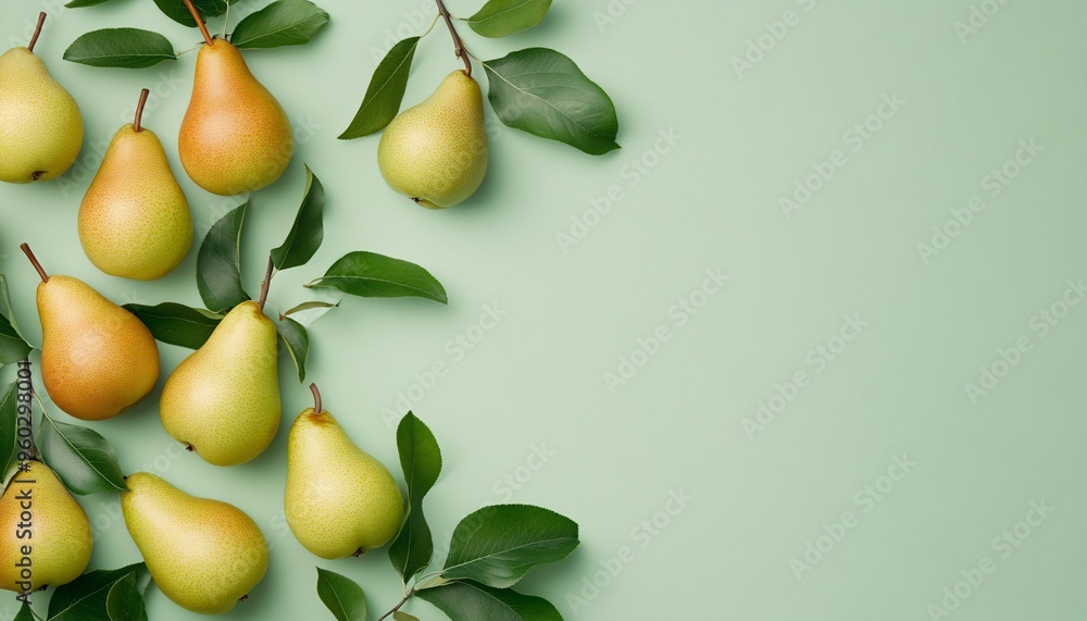 Cheerful poster featuring cascading pears set against a light green backdrop, embodying the concept of a vibrant fruit and vegetable background. Cheerful poster featuring cascading pears set against a light green backdrop, embodying the concept of a vibrant fruit and vegetable background.