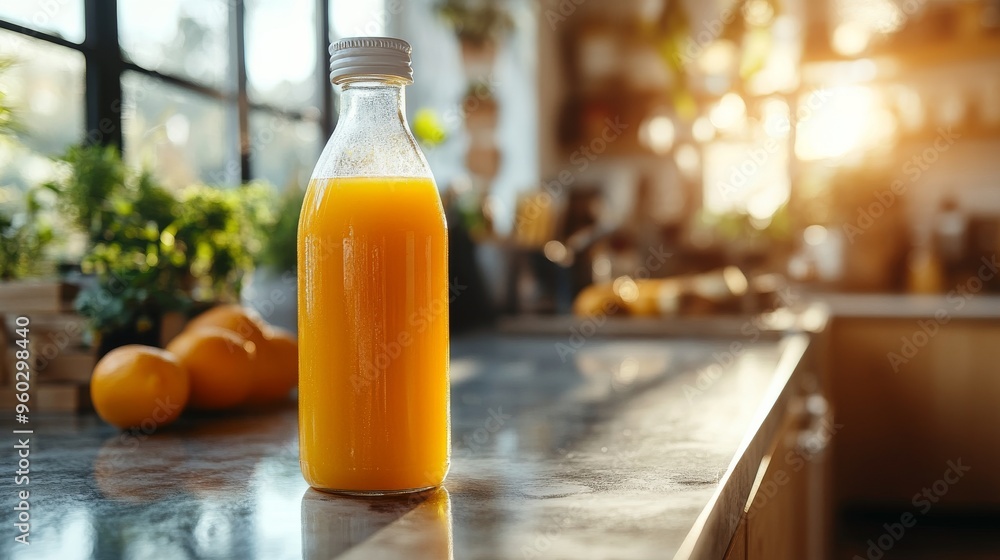 close-up of a bottle of orange juice with a white label, standing on a bright and clean kitchen counter close-up of a bottle of orange juice with a white label, standing on a bright and clean kitchen counter