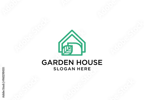 house and garden house leaf line art logo vector