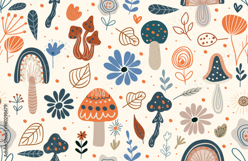 Pattern of plant elements, mushrooms, flowers, leaves. Cute elements in Memphis boho style. Hand drawing in Scandinavian style.