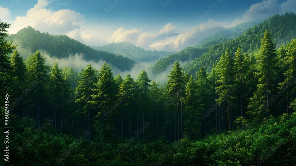 Fototapeta premium A serene forest landscape showcasing lush green trees and misty mountains under a clear blue sky, perfect for nature lovers.