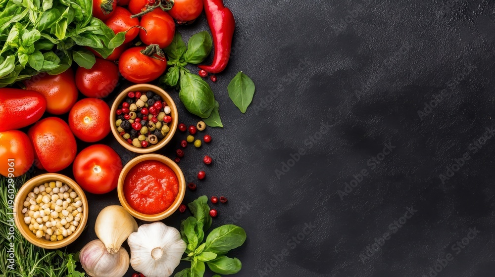Fresh vegetables and herbs arranged beautifully on a dark surface, ideal for culinary designs and food-related projects. Fresh vegetables and herbs arranged beautifully on a dark surface, ideal for culinary designs and food-related projects.