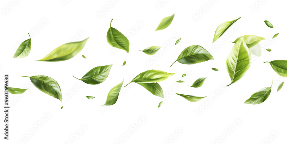 Green tea leaves floating in the air on a white background Green tea leaves floating in the air on a white background