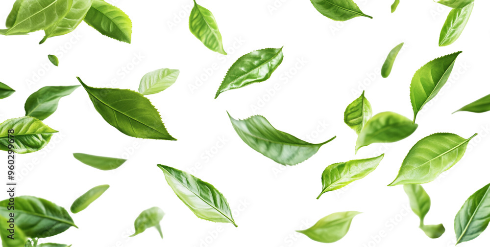 Green tea leaves floating in the air on a white background Green tea leaves floating in the air on a white background