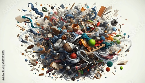 a whirlwind of objects, clothes, books, and random household items in mid-air creating an abstract mess