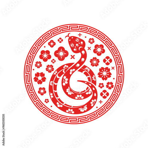 Chinese Snake circle emblem red silhouette icon isolated on white background. Vector illustration. China lunar calendar animal, 2025 New year. Asian style tattoo template, floral spring pattern