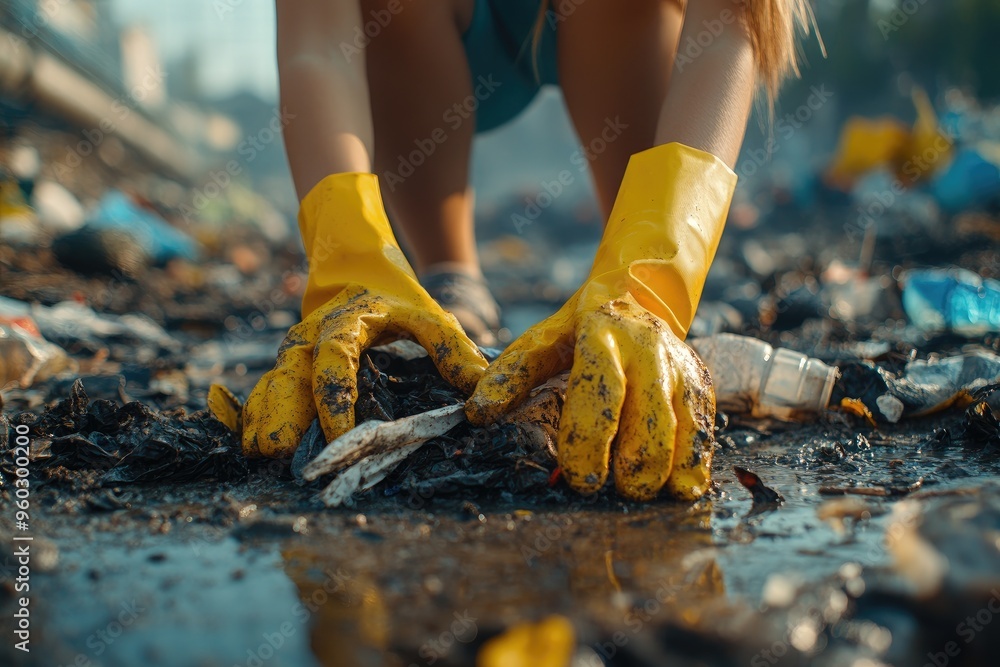 Obraz premium Close-up of gloved hands picking up trash. This photo depicts the harsh reality of pollution and the need for environmental clean-up.