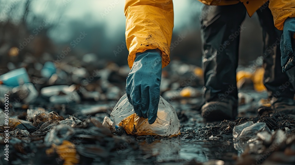 Fototapeta premium Volunteer picking up trash. The image shows a person cleaning up trash in a polluted environment, promoting a message of environmental awareness and responsibility.