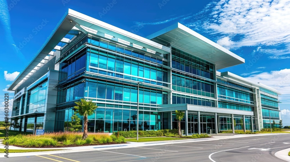Modern glass office building showcasing sleek architecture and vibrant surroundings under a bright blue sky. Modern glass office building showcasing sleek architecture and vibrant surroundings under a bright blue sky.