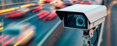 AI powered traffic speed cameras on a busy road monitoring vehicles as they pass by