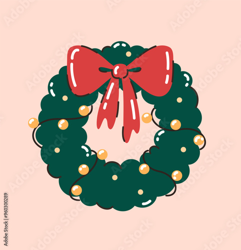 Christmas wreath with bow and garland. Flat vector illustration.