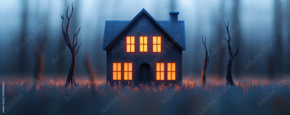A mysterious house glowing in the dark amidst a foggy landscape, offering an eerie yet captivating atmosphere. A mysterious house glowing in the dark amidst a foggy landscape, offering an eerie yet captivating atmosphere.
