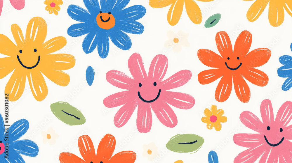 A cheerful pattern with colorful, smiling flowers. A cheerful pattern with colorful, smiling flowers.
