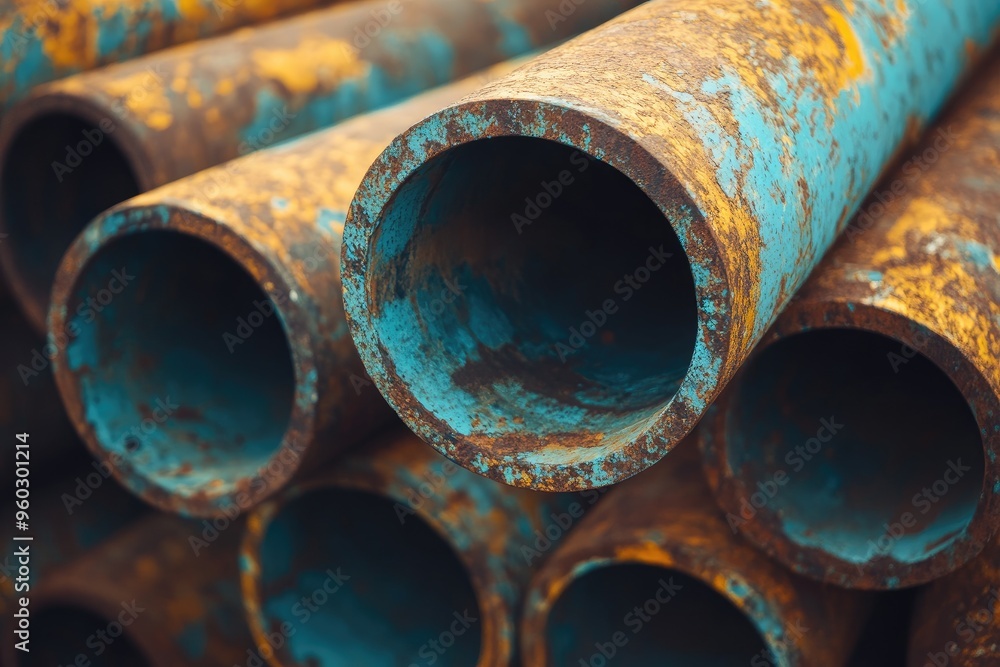 Close-up of rusted pipes with blue paint. Useful for illustrating themes of decay, industrial settings, and the passage of time. Close-up of rusted pipes with blue paint. Useful for illustrating themes of decay, industrial settings, and the passage of time.