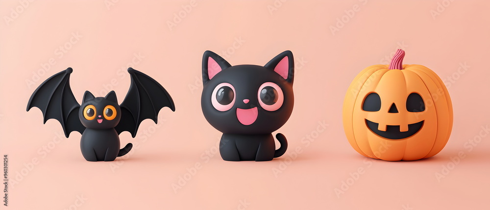A vector set of 3 Halloween characters in 3d clay design, including a Black cat, a Bat with the silly face, and an cute Pumpkin, adorable and festive, isolated on a clean background A vector set of 3 Halloween characters in 3d clay design, including a Black cat, a Bat with the silly face, and an cute Pumpkin, adorable and festive, isolated on a clean background
