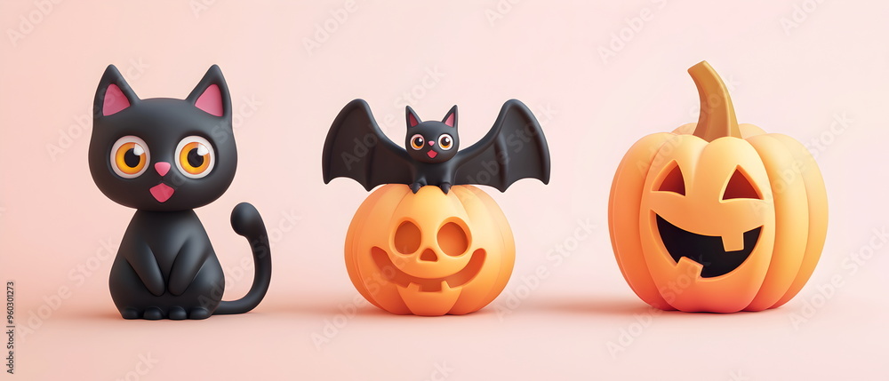 A vector set of 3 Halloween characters in 3d clay design, including a Black cat, a Bat with the silly face, and an cute Pumpkin, adorable and festive, isolated on a clean background A vector set of 3 Halloween characters in 3d clay design, including a Black cat, a Bat with the silly face, and an cute Pumpkin, adorable and festive, isolated on a clean background