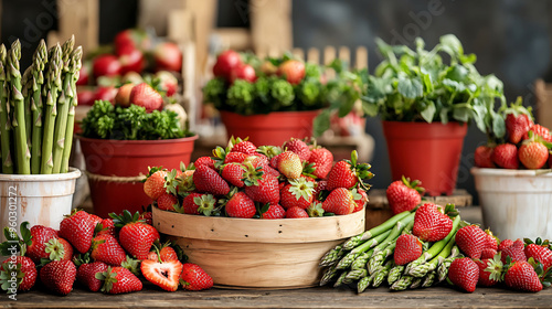 Fresh strawberries and asparagus arranged beautifully in market stall, creating vibrant and inviting atmosphere.