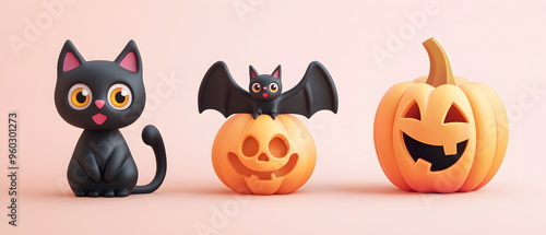 A vector set of 3 Halloween characters in 3d clay design, including a Black cat, a Bat with the silly face, and an cute Pumpkin, adorable and festive, isolated on a clean background