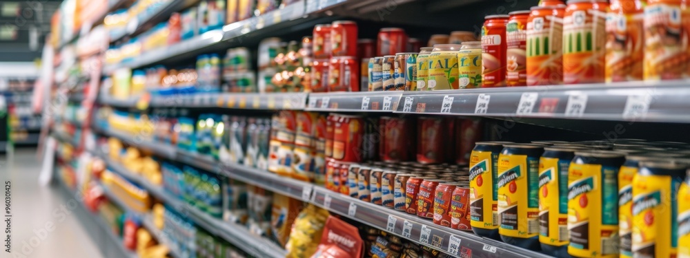 Canned goods on supermarket shelf, close-up view of food products Canned goods on supermarket shelf, close-up view of food products