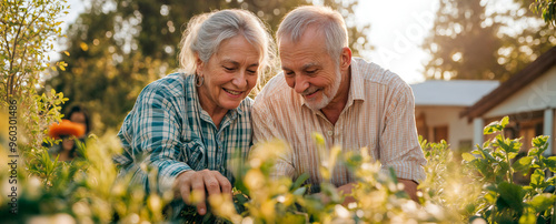 Happy retired couple gardening and enjoying life in bright sunshine photo