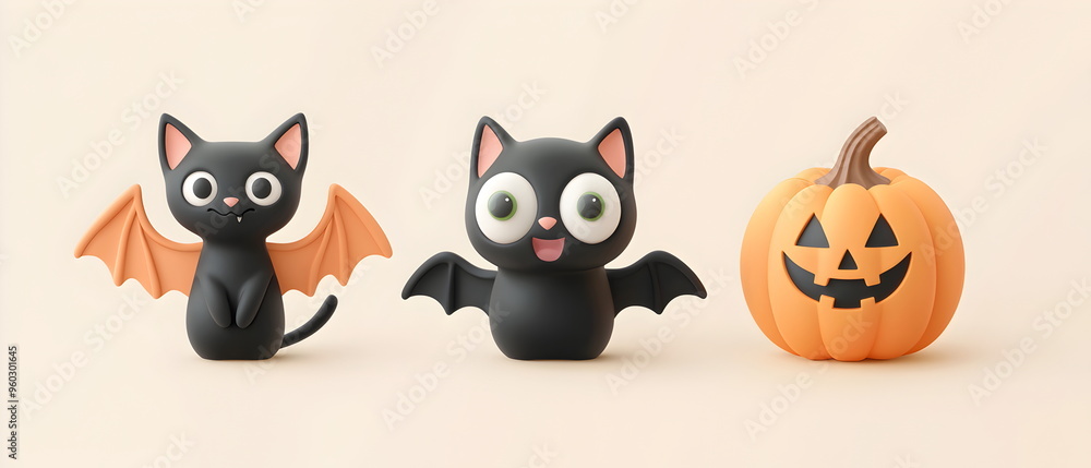 A vector set of 3 Halloween characters in 3d clay design, including a Black cat, a Bat with the silly face, and an cute Pumpkin, adorable and festive, isolated on a clean background A vector set of 3 Halloween characters in 3d clay design, including a Black cat, a Bat with the silly face, and an cute Pumpkin, adorable and festive, isolated on a clean background