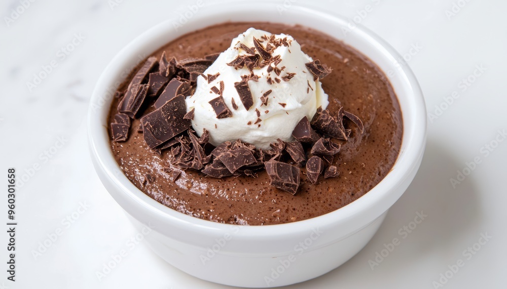A decadent chocolate mousse with a dollop of whipped cream and chocolate shavings on top A decadent chocolate mousse with a dollop of whipped cream and chocolate shavings on top
