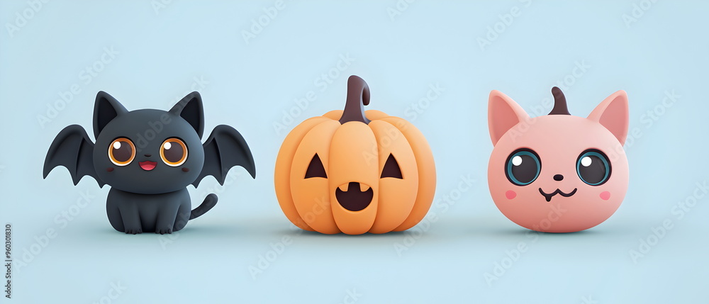A vector set of 3 Halloween characters in 3d clay design, including a Black cat, a Bat with the silly face, and an cute Pumpkin, adorable and festive, isolated on a clean background A vector set of 3 Halloween characters in 3d clay design, including a Black cat, a Bat with the silly face, and an cute Pumpkin, adorable and festive, isolated on a clean background