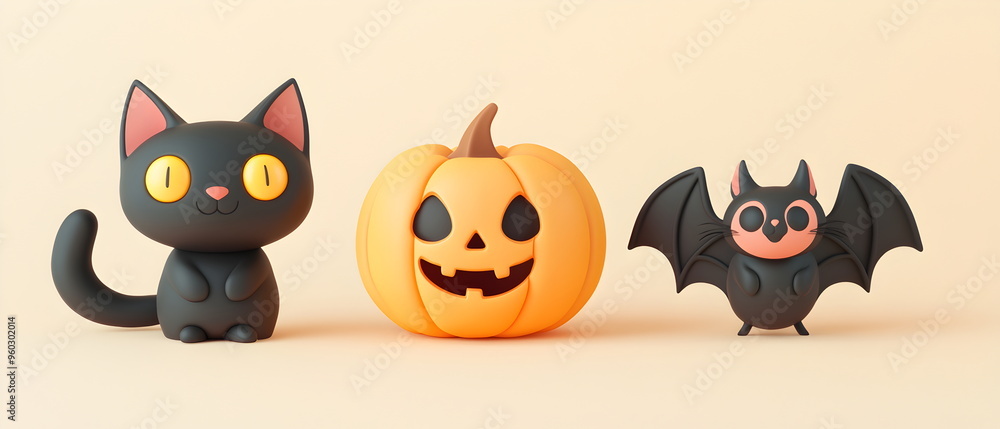 A vector set of 3 Halloween characters in 3d clay design, including a Black cat, a Bat with the silly face, and an cute Pumpkin, adorable and festive, isolated on a clean background A vector set of 3 Halloween characters in 3d clay design, including a Black cat, a Bat with the silly face, and an cute Pumpkin, adorable and festive, isolated on a clean background