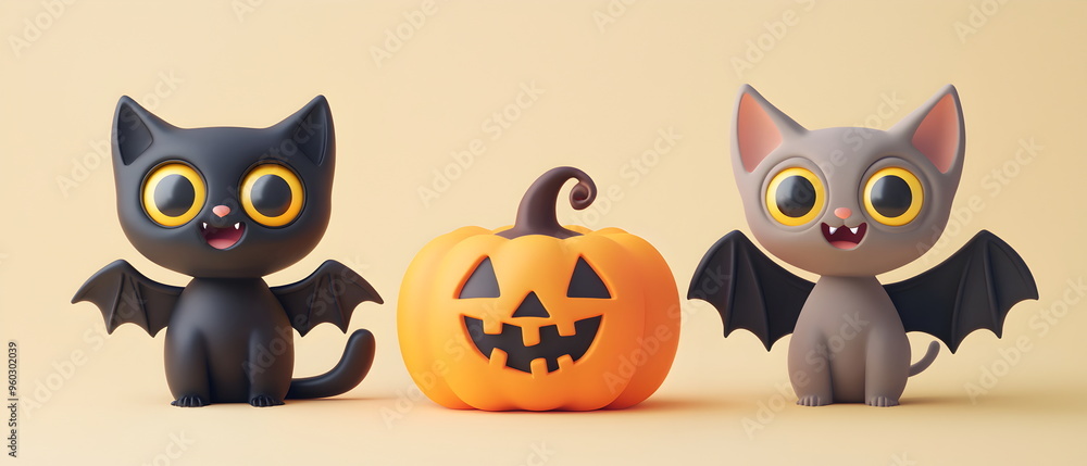 A vector set of 3 Halloween characters in 3d clay design, including a Black cat, a Bat with the silly face, and an cute Pumpkin, adorable and festive, isolated on a clean background A vector set of 3 Halloween characters in 3d clay design, including a Black cat, a Bat with the silly face, and an cute Pumpkin, adorable and festive, isolated on a clean background